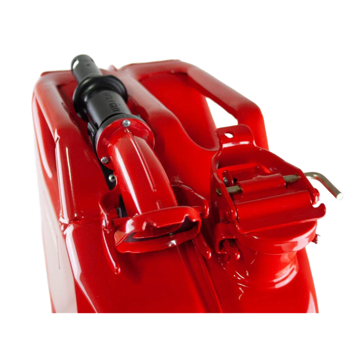 Heavy-duty red steel fuel can with a safety spout and adapter, designed for dependable use in farm, garden, emergency supplies, and best seller collections.
