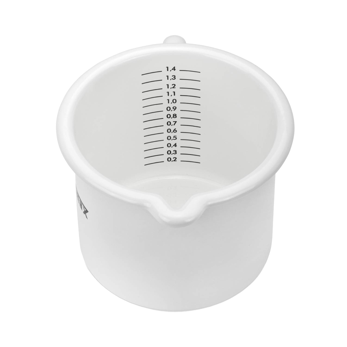 White enamel milk pot with clear internal markings up to 1.4 liters and a precise pour spout, handcrafted for use in Farm, Garden & Tool, Kitchen & Food, Camping, Cookware, Pots and Pans, Best Sellers, and Promo Eligible collections.