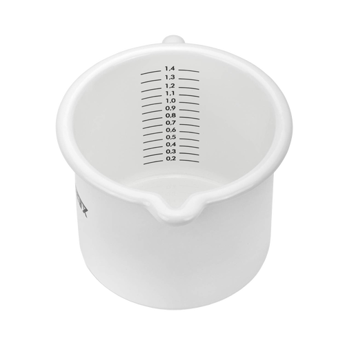 White enamel milk pot with clear internal markings up to 1.4 liters and a precise pour spout, handcrafted for use in Farm, Garden & Tool, Kitchen & Food, Camping, Cookware, Pots and Pans, Best Sellers, and Promo Eligible collections.