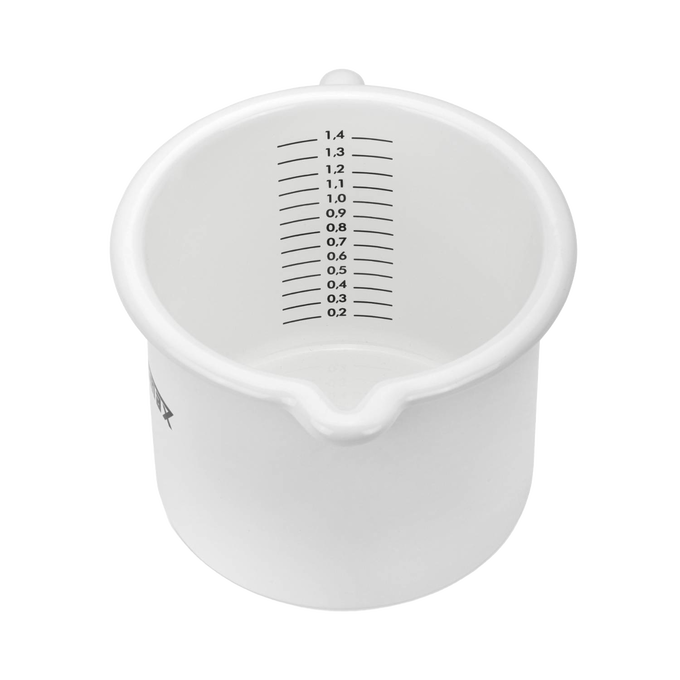White enamel milk pot with clear internal markings up to 1.4 liters and a precise pour spout, handcrafted for use in Farm, Garden & Tool, Kitchen & Food, Camping, Cookware, Pots and Pans, Best Sellers, and Promo Eligible collections.