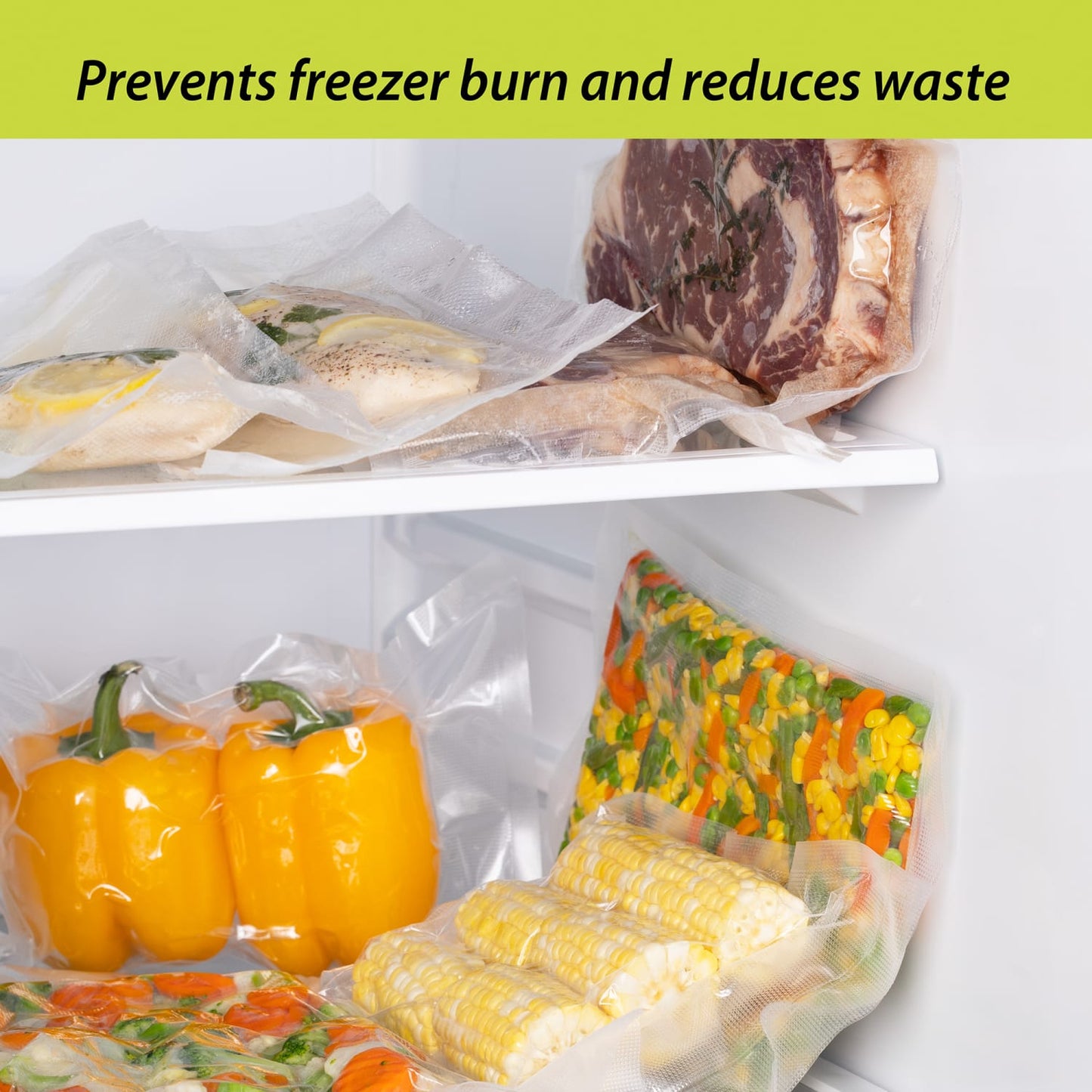 Vacuum-sealed bags containing fresh yellow bell peppers, corn, mixed vegetables, fish filet, and a seasoned beef cut stored in a freezer, ideal for Kitchen & Food and Food Preservation collections.