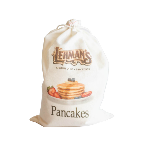 Drawstring cotton bag featuring handcrafted Lehman’s branding and an illustration of a stack of fluffy pancakes with berries, ideal for Kitchen & Food, Pantry, Dry Goods and Mixes, Best Sellers, and Promo Eligible collections.
