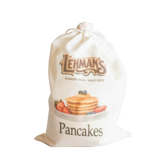 Drawstring cotton bag featuring handcrafted Lehman’s branding and an illustration of a stack of fluffy pancakes with berries, ideal for Kitchen & Food, Pantry, Dry Goods and Mixes, Best Sellers, and Promo Eligible collections.