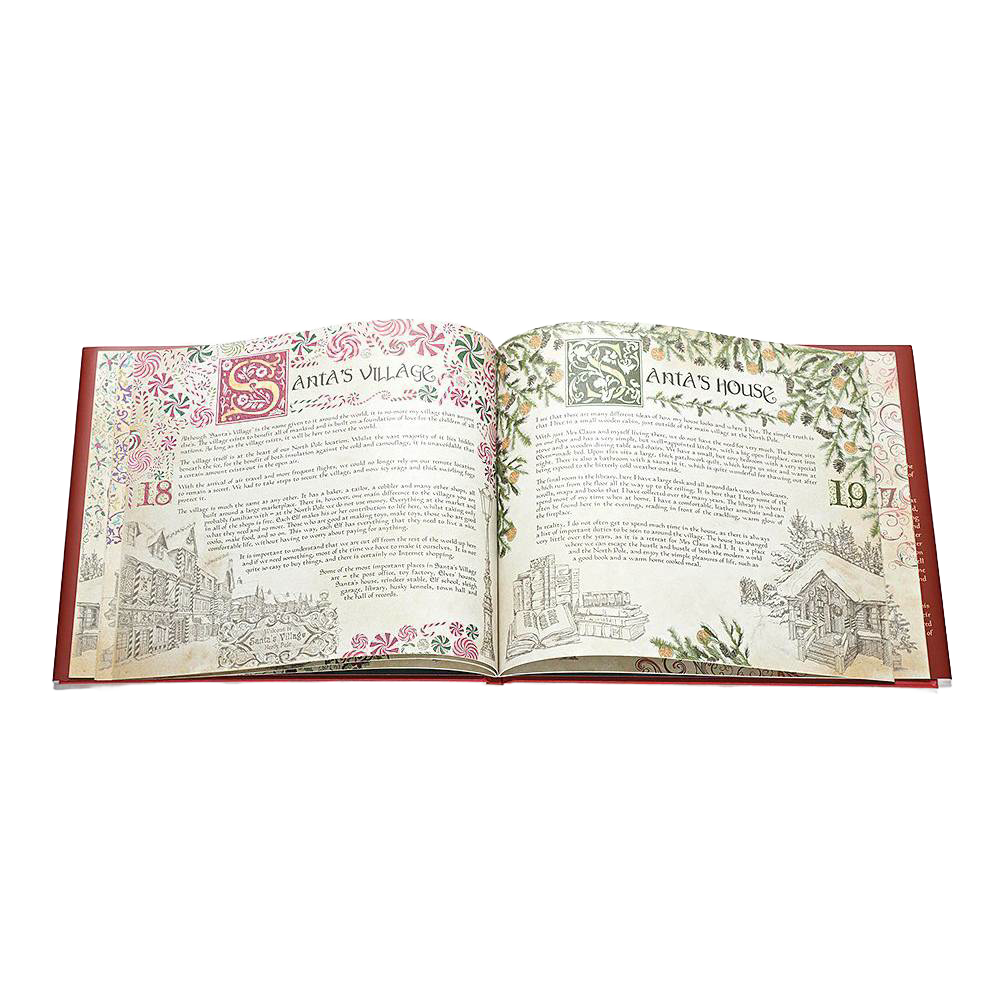 Open hardcover storybook with detailed illustrations and decorative text about Santa’s village and house, featured in Home & Decor, Toys, Books & Games, and Holiday Decor collections.