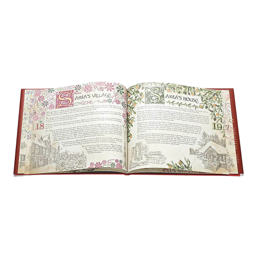 Open hardcover storybook with detailed illustrations and decorative text about Santa’s village and house, featured in Home & Decor, Toys, Books & Games, and Holiday Decor collections.