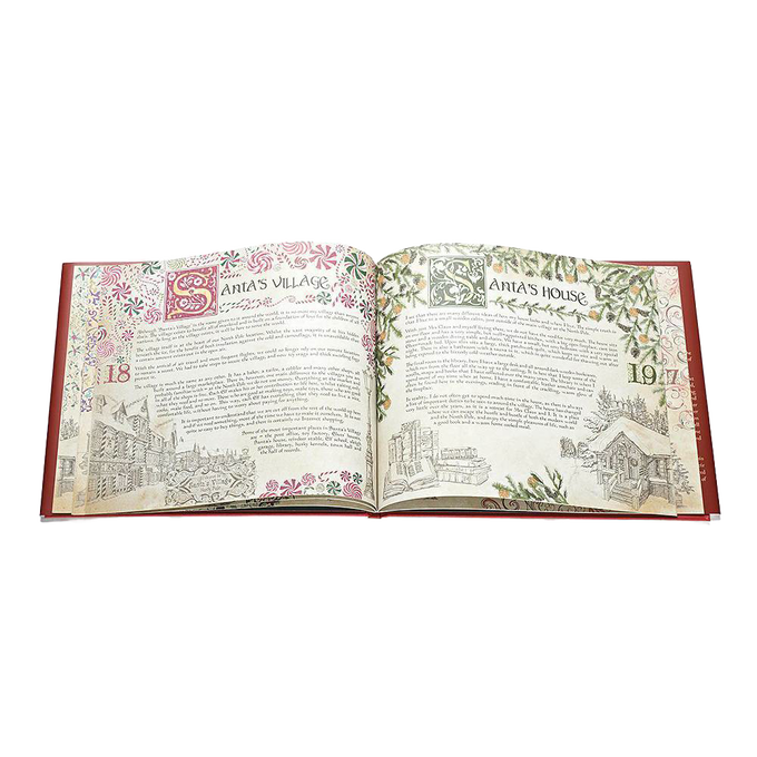 Open hardcover storybook with detailed illustrations and decorative text about Santa’s village and house, featured in Home & Decor, Toys, Books & Games, and Holiday Decor collections.