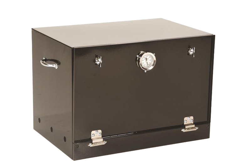 Black heat-resistant steel oven box with thermometer on front, latching door, and side handles, handcrafted Amish made, suitable for stove heat trapping in USA Made collections.