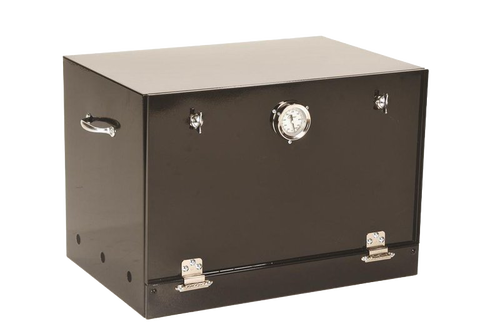 Black heat-resistant steel oven box with thermometer on front, latching door, and side handles, handcrafted Amish made, suitable for stove heat trapping in USA Made collections.