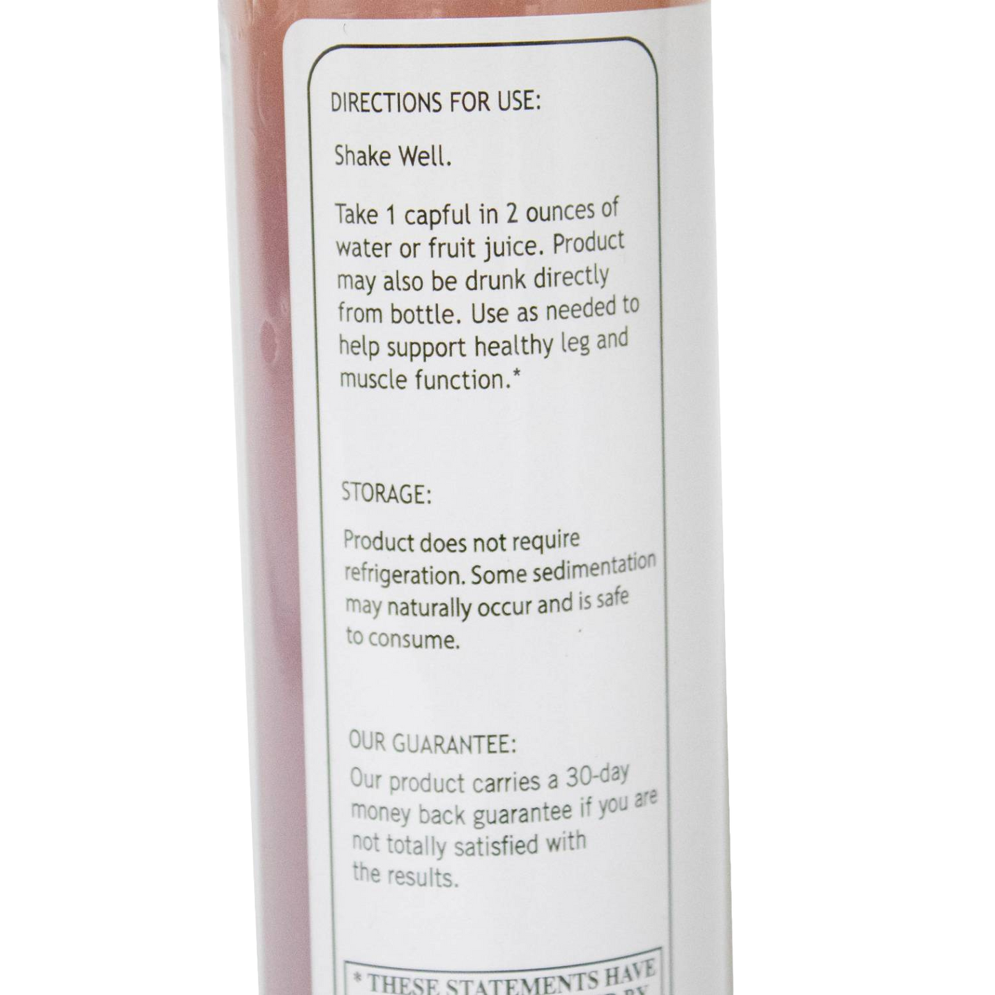 Close-up of usage instructions and storage information on a health remedy bottle label, featuring natural muscle support directions and a satisfaction guarantee for Health & Wellness and Best Sellers collections.
