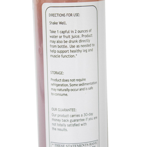 Close-up of usage instructions and storage information on a health remedy bottle label, featuring natural muscle support directions and a satisfaction guarantee for Health & Wellness and Best Sellers collections.