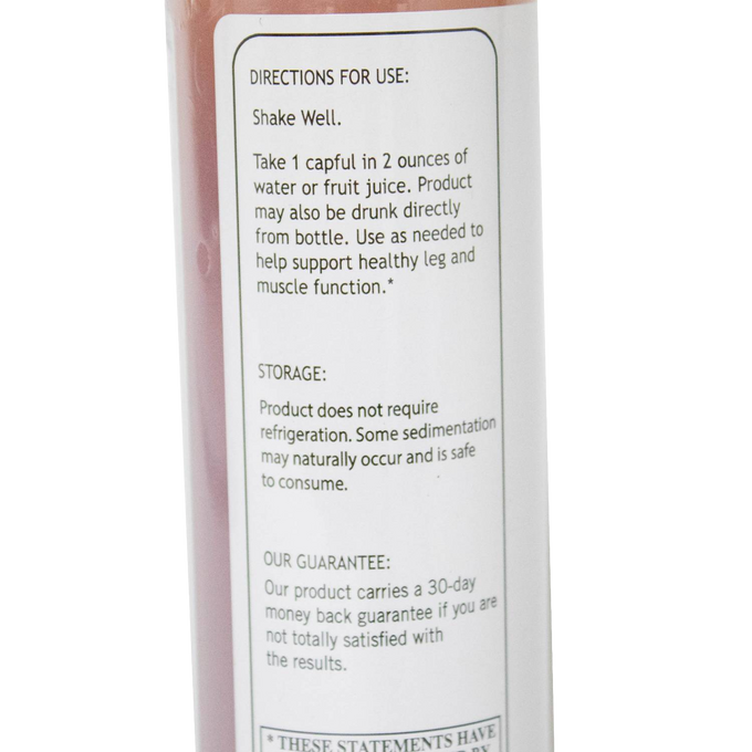 Close-up of usage instructions and storage information on a health remedy bottle label, featuring natural muscle support directions and a satisfaction guarantee for Health & Wellness and Best Sellers collections.