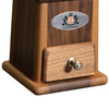 Close-up of a handcrafted walnut coffee grinder drawer with metal knob and branded plaque, ideal for Farm, Garden & Tool, Kitchen & Food, Brewing Coffee and Tea, and Best Sellers collections.