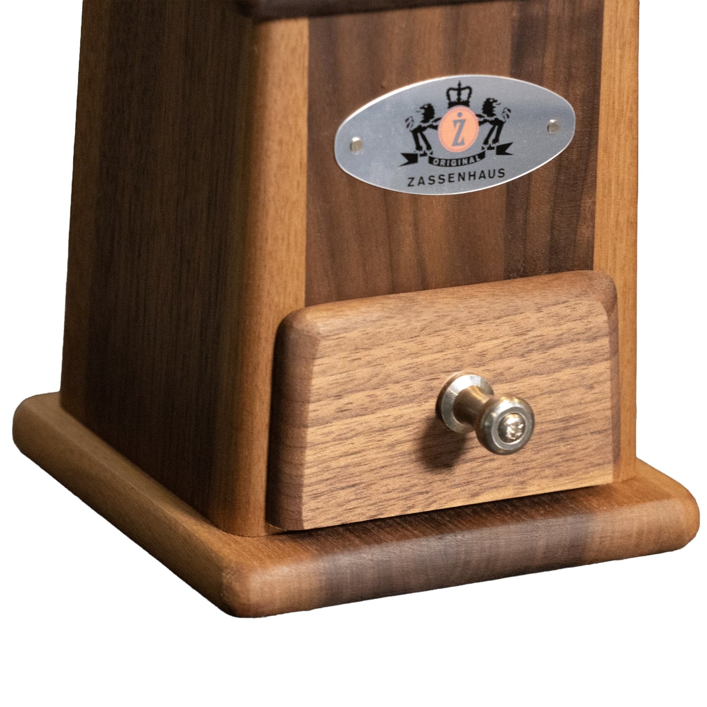Close-up of a handcrafted walnut coffee grinder drawer with metal knob and branded plaque, ideal for Farm, Garden & Tool, Kitchen & Food, Brewing Coffee and Tea, and Best Sellers collections.