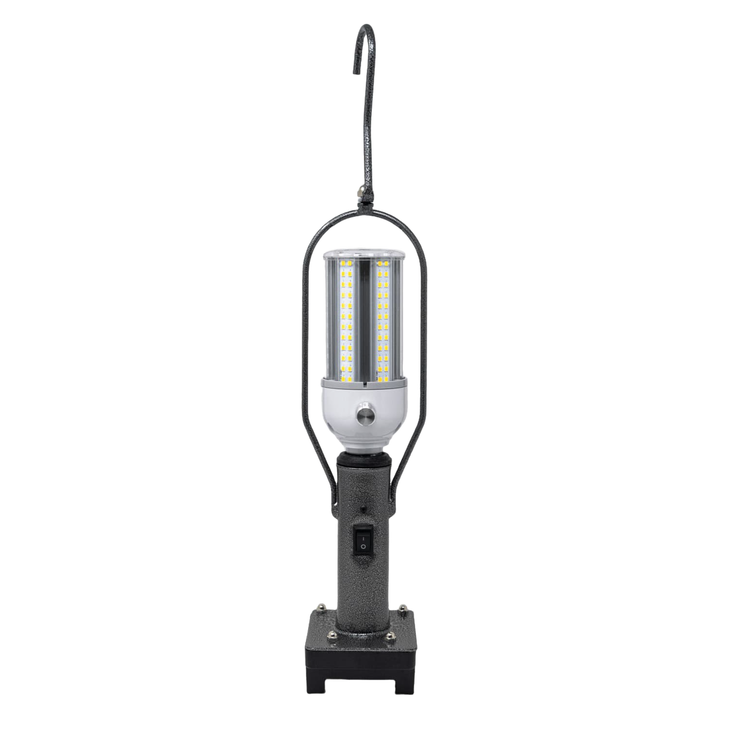 Portable rugged lantern with bright vertical LED columns, sturdy black base with switch, and metal hanging hook, designed for camping, emergency, and outdoor use.