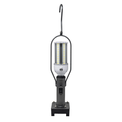 Portable rugged lantern with bright vertical LED columns, sturdy black base with switch, and metal hanging hook, designed for camping, emergency, and outdoor use.