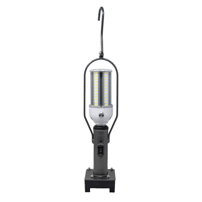 Portable rugged lantern with bright vertical LED columns, sturdy black base with switch, and metal hanging hook, designed for camping, emergency, and outdoor use.