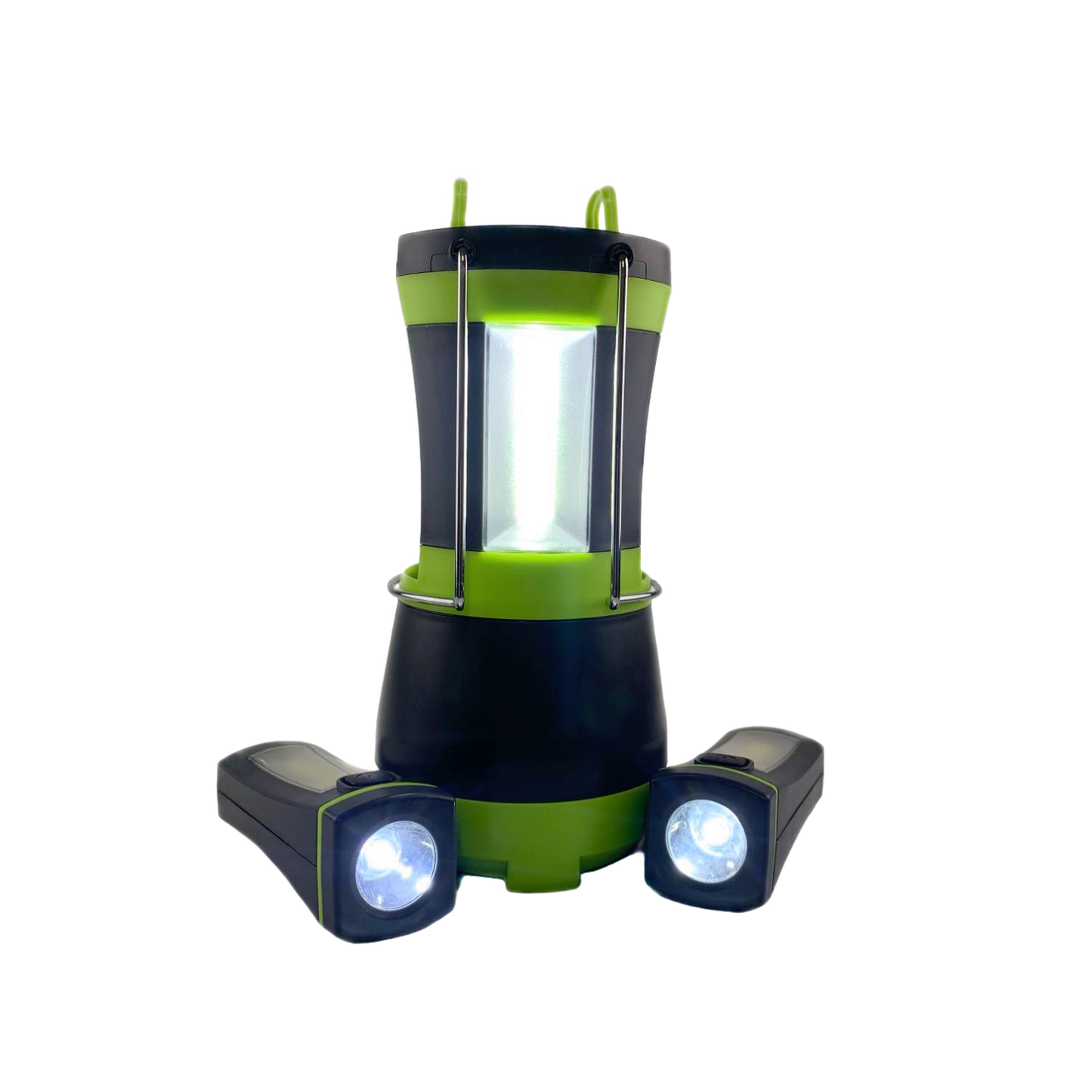 Black and green LED lantern with two detachable mini flashlights emitting bright white light, designed for versatile use in camping, emergency supplies, and outdoor lighting collections.