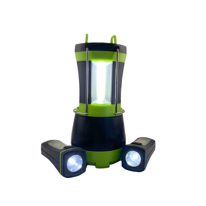 Black and green LED lantern with two detachable mini flashlights emitting bright white light, designed for versatile use in camping, emergency supplies, and outdoor lighting collections.
