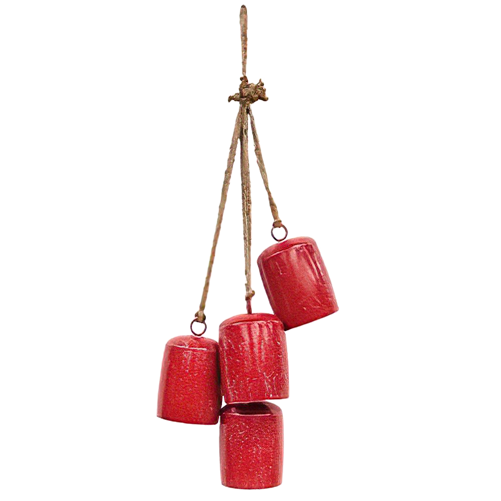 Handcrafted rustic door hanger featuring four antiqued red metal cowbells on a natural cord, delivering a cheerful jingle for Home & Decor, Holiday Decor, Best Sellers, and Promo Eligible collections.