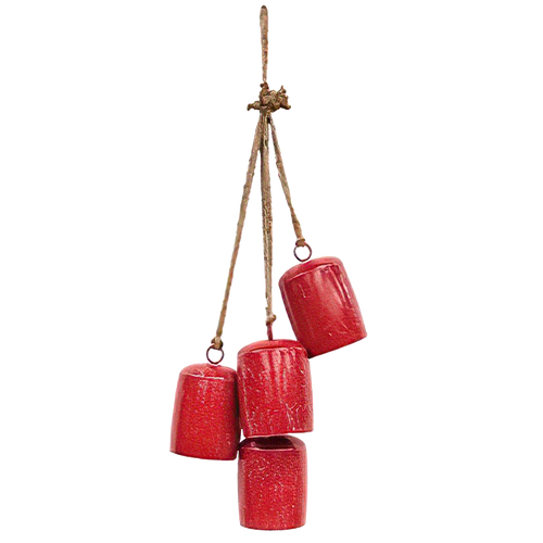 Handcrafted rustic door hanger featuring four antiqued red metal cowbells on a natural cord, delivering a cheerful jingle for Home & Decor, Holiday Decor, Best Sellers, and Promo Eligible collections.