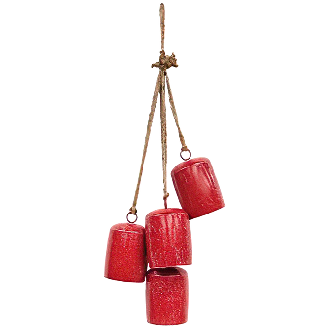 Handcrafted rustic door hanger featuring four antiqued red metal cowbells on a natural cord, delivering a cheerful jingle for Home & Decor, Holiday Decor, Best Sellers, and Promo Eligible collections.