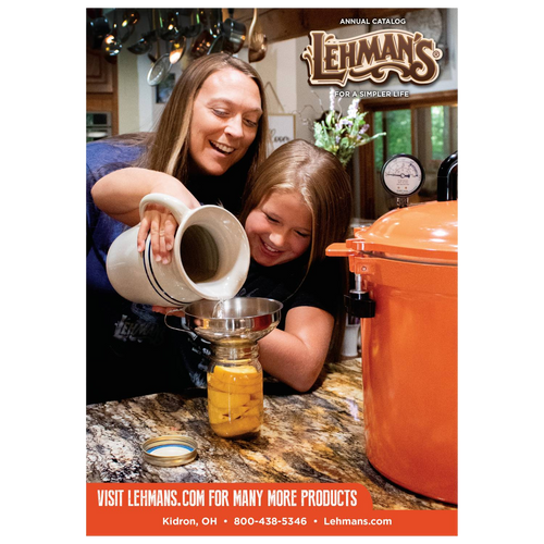 Mother and daughter filling a jar with liquid using a ceramic pitcher and funnel beside an orange canning pot, depicting a warm home and garden how-to moment in best sellers and books collections.