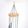 Handcrafted wind chime featuring a smooth wooden top and silver metal tubes suspended by black cords, perfect for garden accessories and outdoor relaxation.