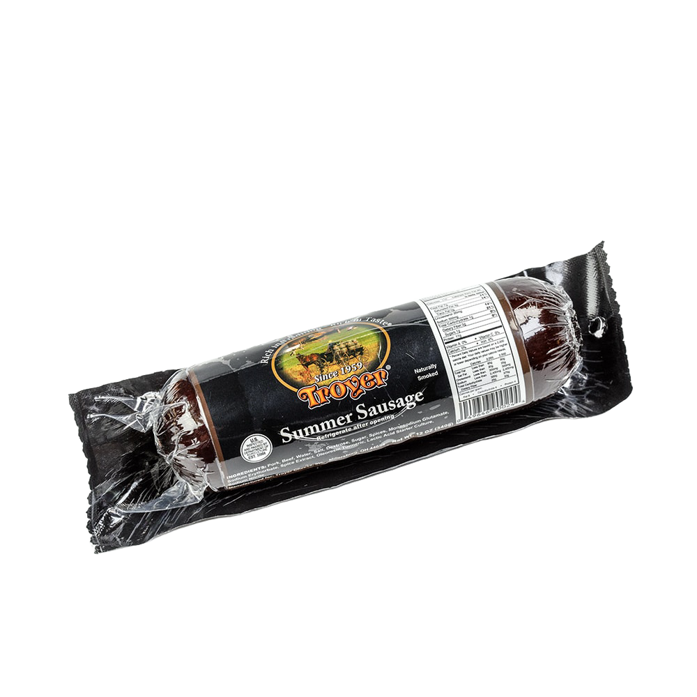Vacuum-sealed, handcrafted summer sausage featuring a savory blend of pork and beef, made in USA, ideal for Kitchen & Food, Snacks and Sweets, Pantry, Meats, USA Made, and Best Sellers collections.