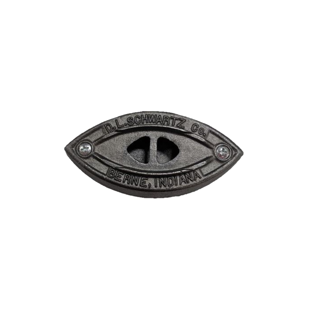 Handcrafted cast iron iron soleplate with ventilation holes, featuring "D.L. Schwartz Co., Berne, Indiana" engraving, made in USA, ideal for Home & Decor and Laundry Supplies collections.