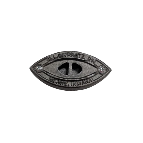 Handcrafted cast iron iron soleplate with ventilation holes, featuring "D.L. Schwartz Co., Berne, Indiana" engraving, made in USA, ideal for Home & Decor and Laundry Supplies collections.