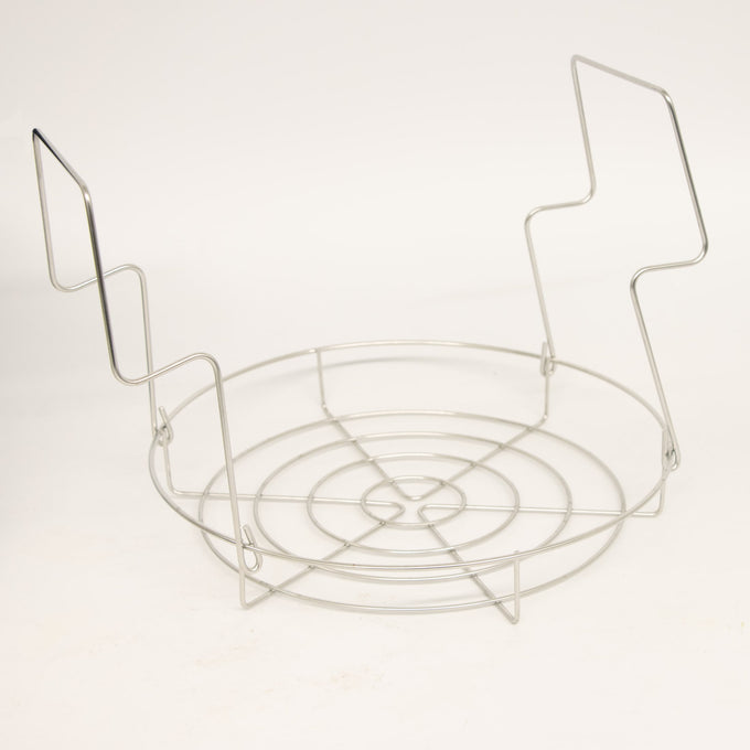 Round stainless steel wire rack with tall handles for easy lifting, designed for use in Kitchen & Food, Food Preservation, Canning, and Water Bath Canners collections.