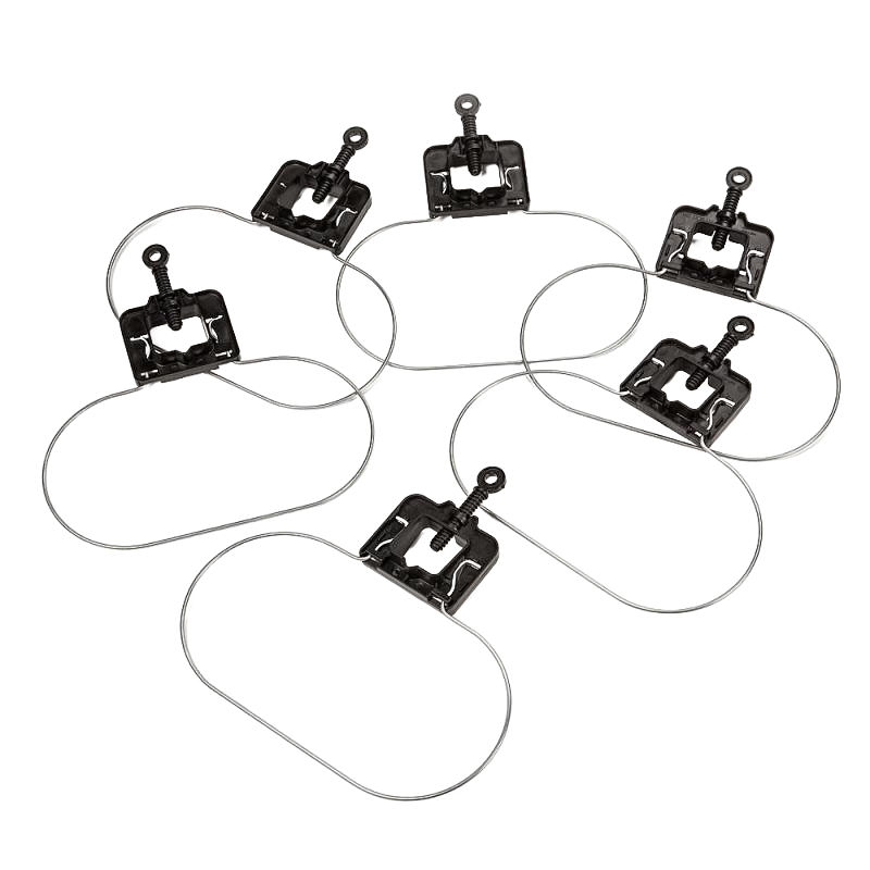 Set of six galvanized steel tomato support rings with black resin clamps for securing to stakes, designed for farm, garden, and planting use, made in USA and featured in best sellers.