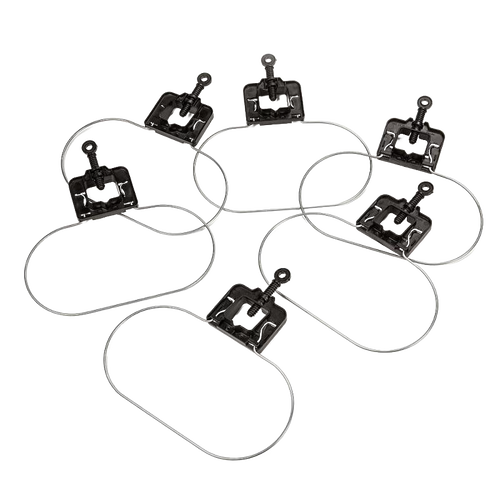 Set of six galvanized steel tomato support rings with black resin clamps for securing to stakes, designed for farm, garden, and planting use, made in USA and featured in best sellers.