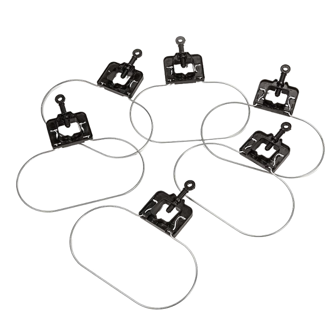 Set of six galvanized steel tomato support rings with black resin clamps for securing to stakes, designed for farm, garden, and planting use, made in USA and featured in best sellers.