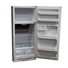 Compact white gas refrigerator with two open doors showing adjustable wire shelves and clear crisper drawers, designed for efficient space use in appliances and refrigeration collections.