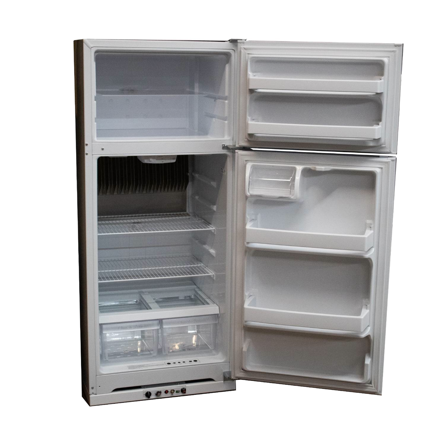 Compact white gas refrigerator with two open doors showing adjustable wire shelves and clear crisper drawers, designed for efficient space use in appliances and refrigeration collections.