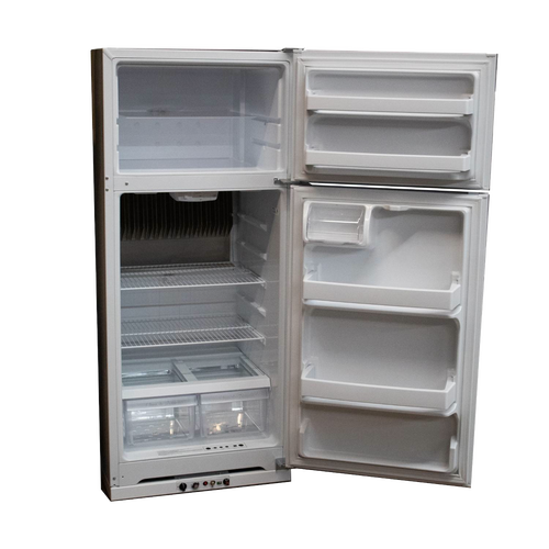 Compact white gas refrigerator with two open doors showing adjustable wire shelves and clear crisper drawers, designed for efficient space use in appliances and refrigeration collections.