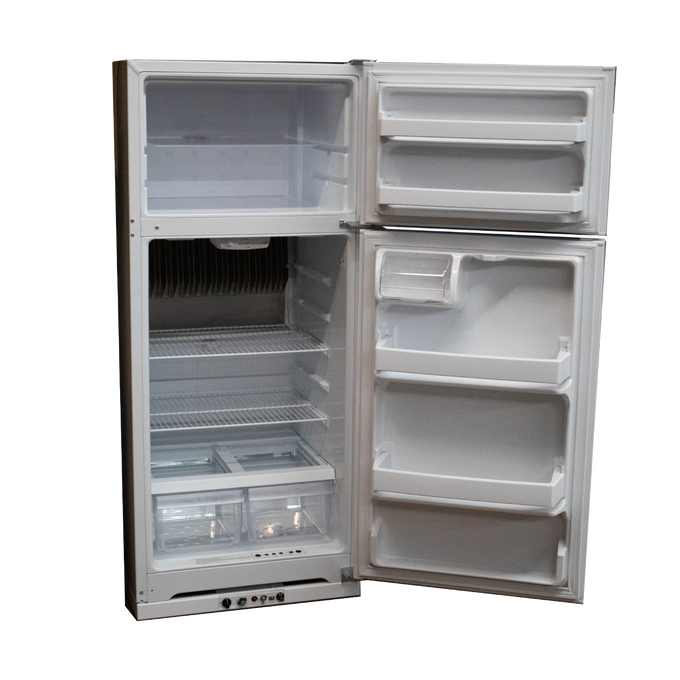 Compact white gas refrigerator with two open doors showing adjustable wire shelves and clear crisper drawers, designed for efficient space use in appliances and refrigeration collections.