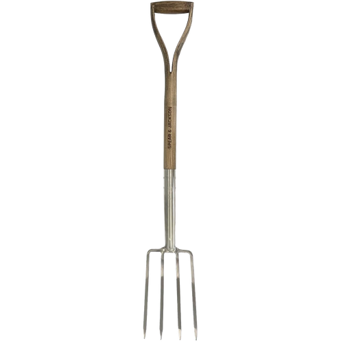 Lightweight border fork with a stainless steel head and wooden handle featuring a D-grip, designed for precision digging and cultivation in small garden spaces, ideal for Farm, Garden & Tool, Digging and Cultivating, Garden Accessories, Lawncare, Best Sellers, and Promo Eligible collections.