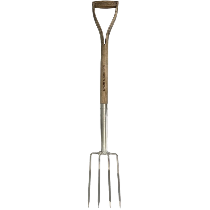 Lightweight border fork with a stainless steel head and wooden handle featuring a D-grip, designed for precision digging and cultivation in small garden spaces, ideal for Farm, Garden & Tool, Digging and Cultivating, Garden Accessories, Lawncare, Best Sellers, and Promo Eligible collections.