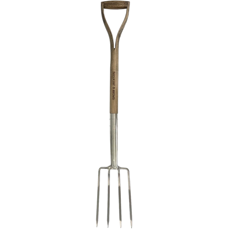 Lightweight border fork with a stainless steel head and wooden handle featuring a D-grip, designed for precision digging and cultivation in small garden spaces, ideal for Farm, Garden & Tool, Digging and Cultivating, Garden Accessories, Lawncare, Best Sellers, and Promo Eligible collections.