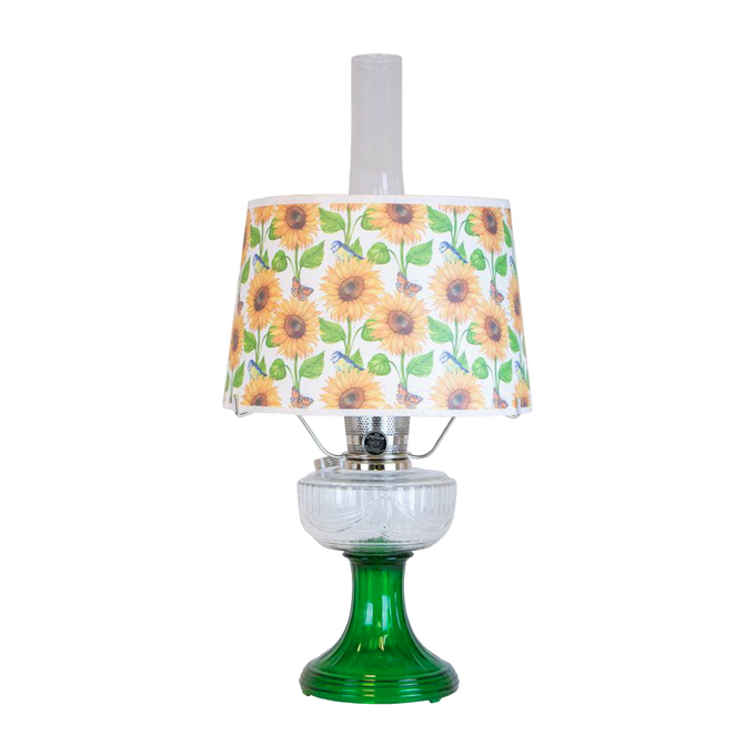 Handcrafted oil lamp featuring an Ohio-made emerald glass base with a Dennis Lipp shatterproof sunflower-patterned shade, ideal for Farm, Garden & Tool, Lamps & Lighting, and Emergency Supplies collections.