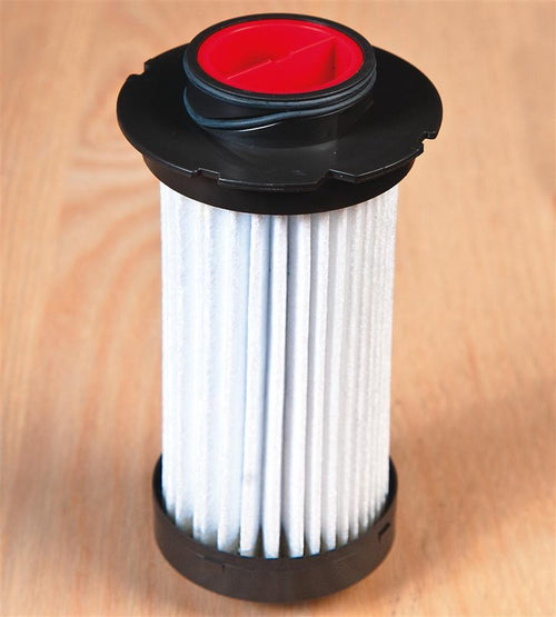 Replacement water filter cartridge with pleated white filtering material and black plastic end caps featuring a red insert, compatible with water treatment and emergency supply appliances.