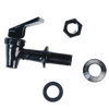 Black plastic replacement spigot for water filters with threaded mount, wingnut, and washers, perfect for appliances, emergency supplies, and water treatment needs.