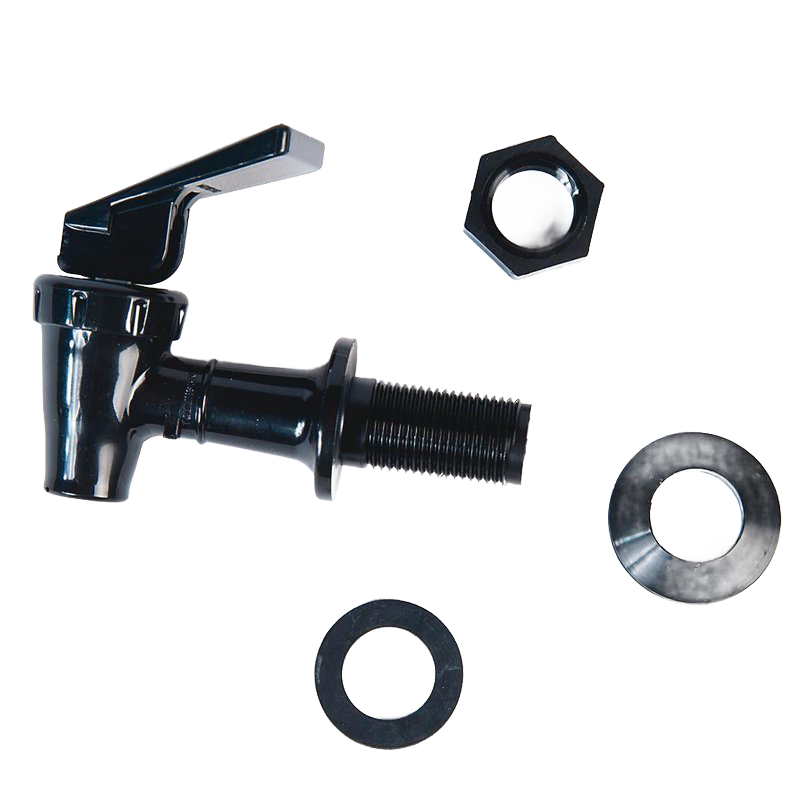 Black plastic replacement spigot for water filters with threaded mount, wingnut, and washers, perfect for appliances, emergency supplies, and water treatment needs.