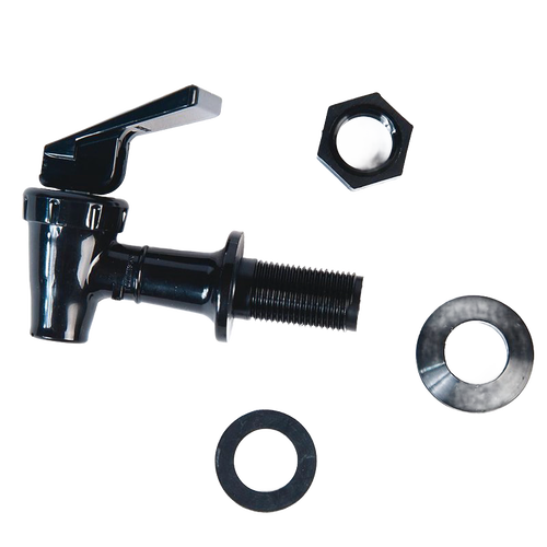 Black plastic replacement spigot for water filters with threaded mount, wingnut, and washers, perfect for appliances, emergency supplies, and water treatment needs.