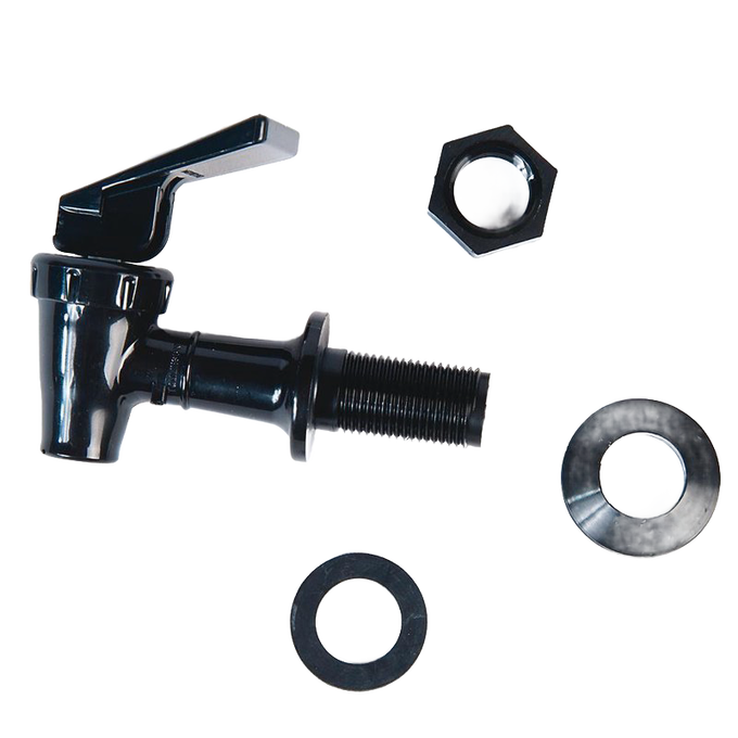 Black plastic replacement spigot for water filters with threaded mount, wingnut, and washers, perfect for appliances, emergency supplies, and water treatment needs.