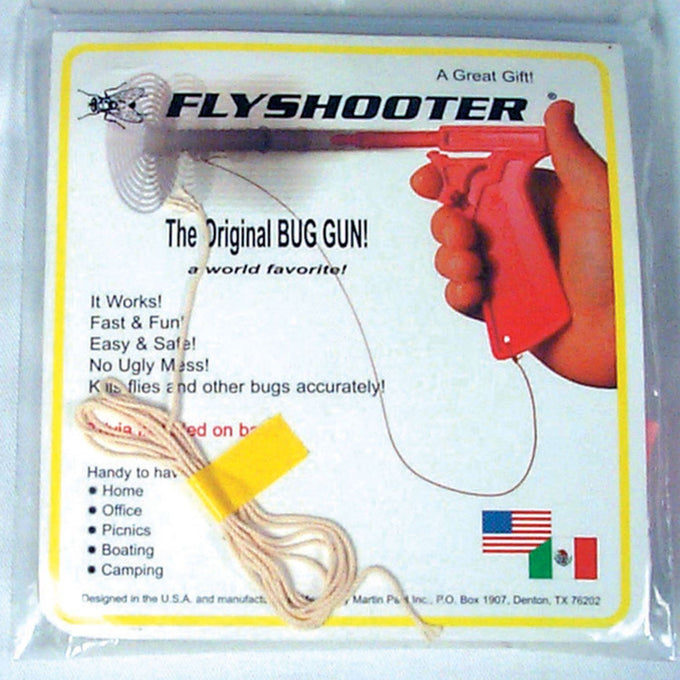 Handcrafted spring-loaded plastic bug shooter with a red handle and spinning swatter mechanism, designed for accurate fly control, ideal for Farm, Garden & Tool and USA Made collections.