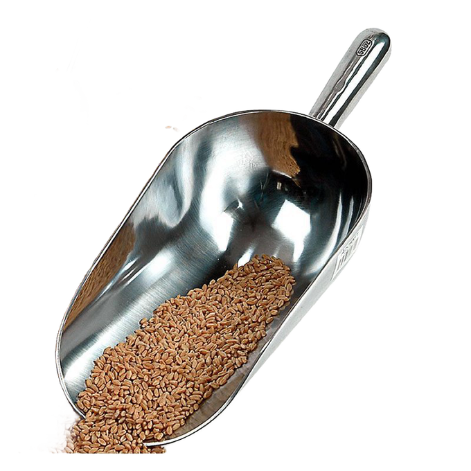 Handcrafted heavy-duty aluminum scoop with a contoured grip and polished mirror finish, ideal for farm, garden, and bulk grain use, featured in Farm Tools and Best Sellers collections.