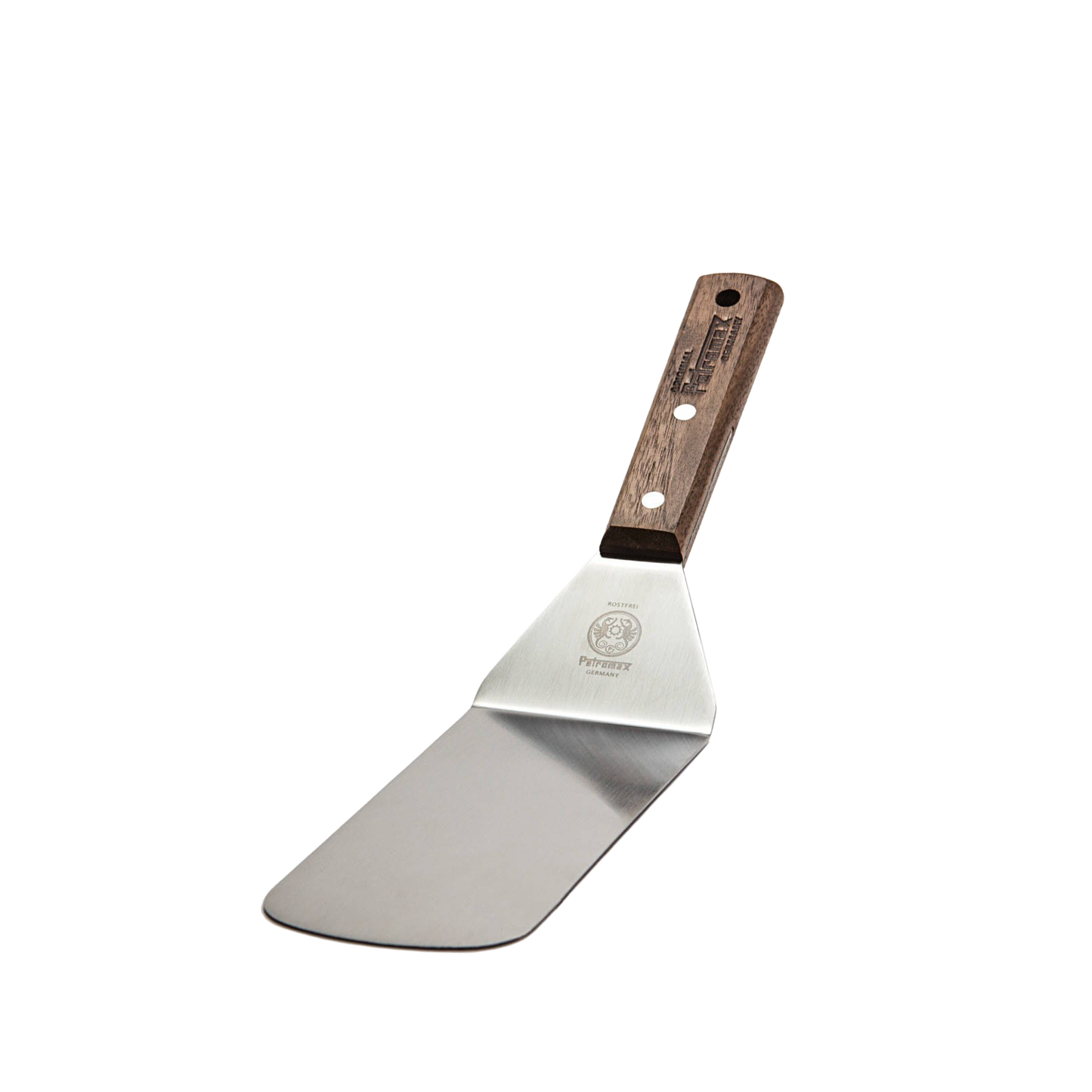 Flexible stainless steel spatula with a wide, angled blade and a smooth walnut handle featuring subtle engraving, ideal for grilling and kitchen gadgets in Kitchen & Food collections.